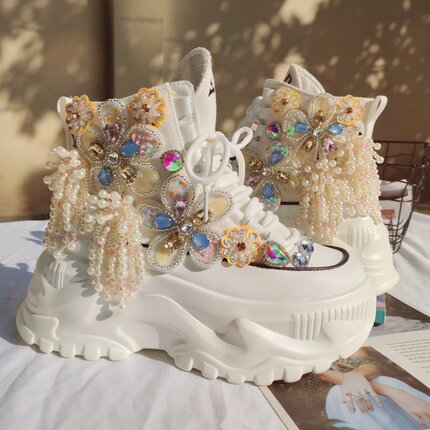 跟高7厘米欧洲站水钻流苏蝴蝶结马丁靴帆布复古马丁靴女厚底防滑