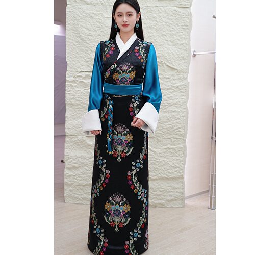 【雍嘉娜】西藏服民族风女款藏装精美花纹人丝织锦缎显瘦黑蓝色系