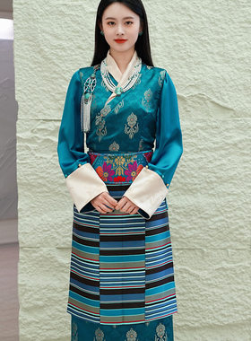 【雍嘉娜】西藏服女装孔雀蓝女士藏装精美花纹织锦显白颜色