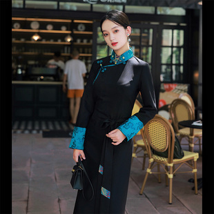 雍嘉娜藏装2022秋季新品四季款黑色博拉显瘦长裙