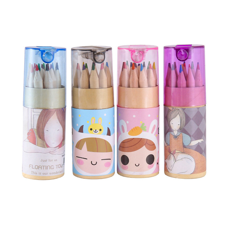 韩版可爱浮游女孩12色彩色铅笔卡通桶装学生美术绘画铅笔带卷笔刀