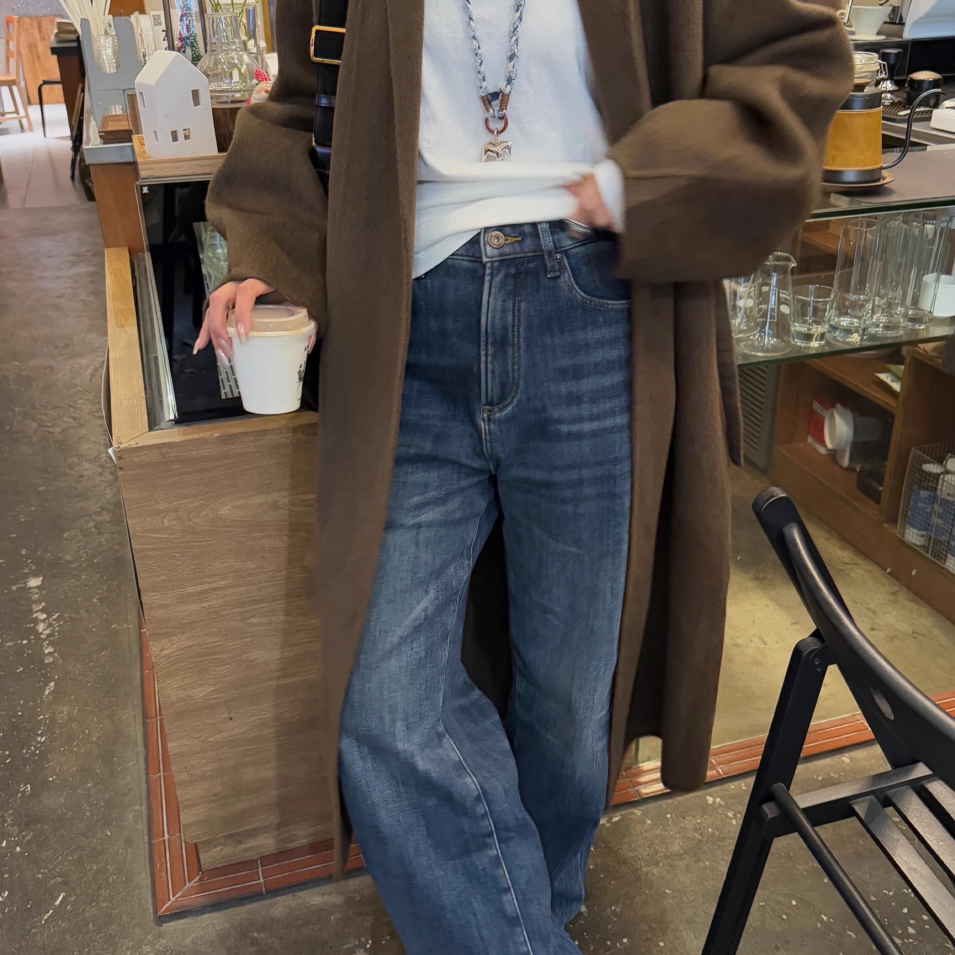 LDOO SHOP 优质长绒棉复合加绒加厚柔软高腰直筒弹力牛仔阔腿裤