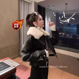 外套女短款秋冬羊羔毛领复古港味加绒皮衣黑色机车加厚夹克女
