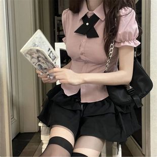 显瘦设计感小众 甜辣妹polo领衬衫 女夏季 甜美粉色短袖 衬衣修身