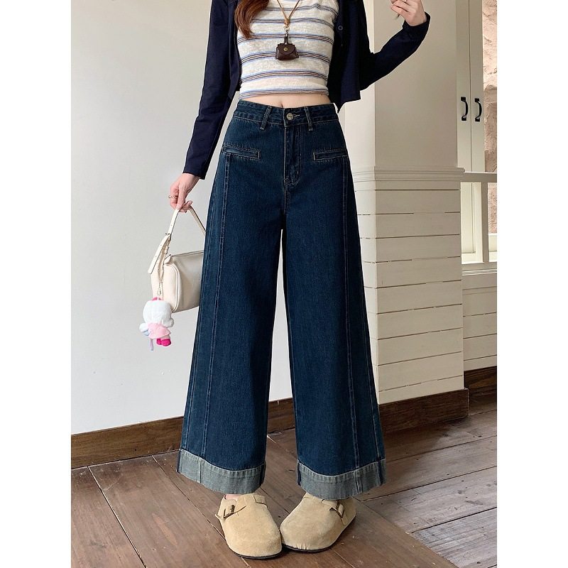 复古深蓝色九分牛仔裤女秋季新款大码小个子宽松高腰显瘦阔腿