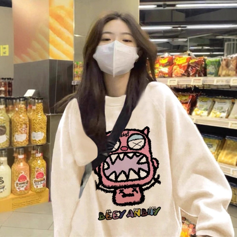 通勤圆领卫衣女秋季2025新款爆款宽松慵懒风chic银狐绒加绒厚无帽