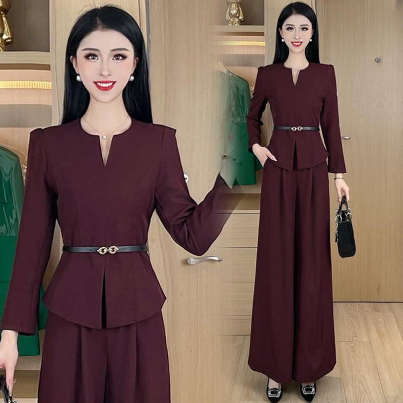 时尚套装女2026春季新款款洋气显瘦法式收腰V领上衣阔腿裤两件套