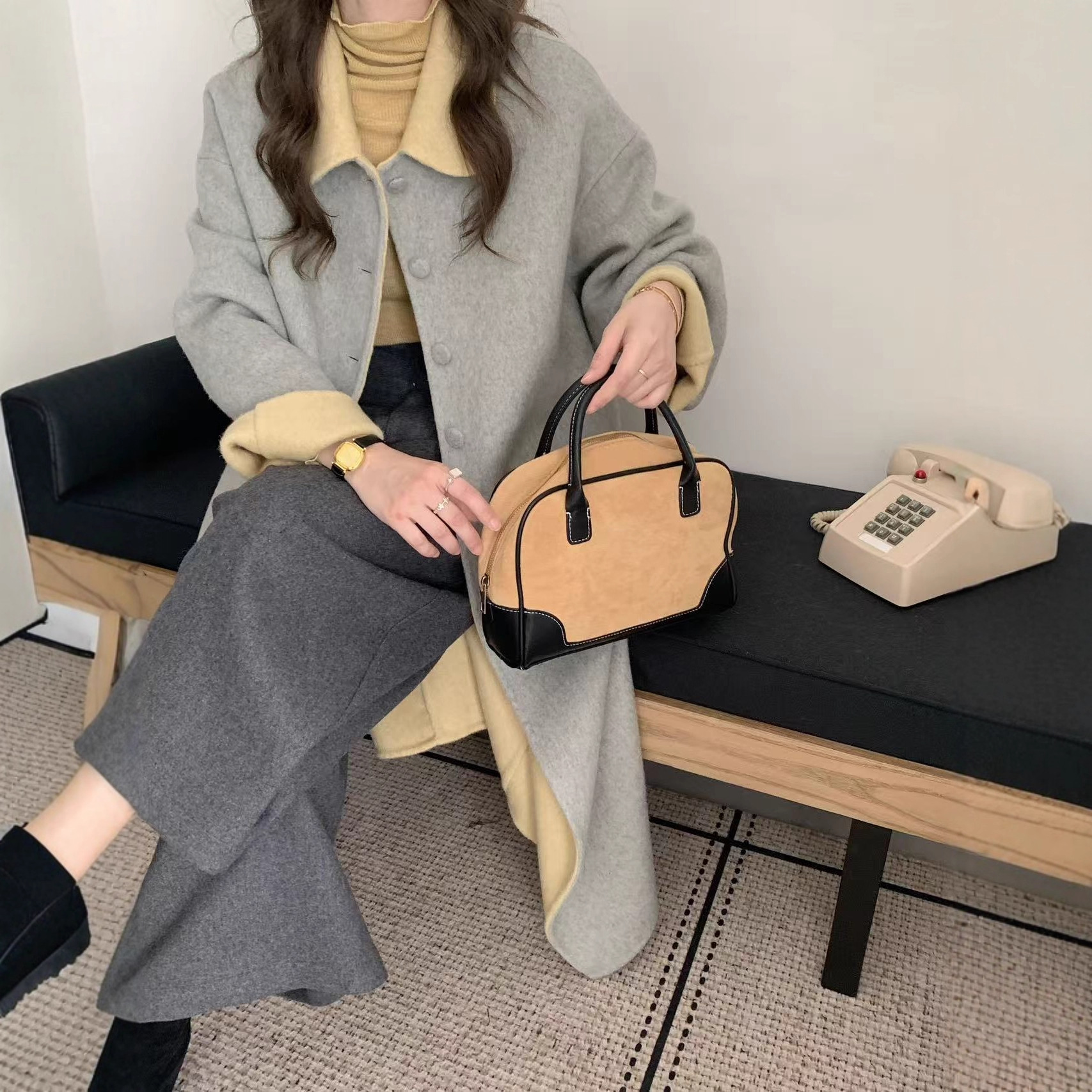 25年新款双面羊毛拼色娃娃领韩系