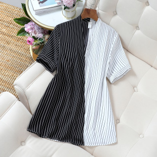 大码 洋气显瘦短袖 女装 胖MMV领条纹小衫 雪纺上衣女 衬衫 CS10