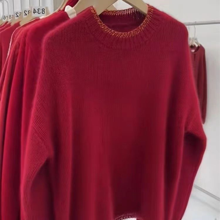 秋冬红色圣诞100%纯羊毛衫女欧货