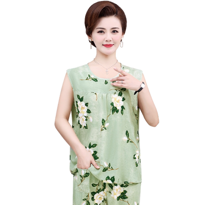 北极绒居家睡衣背心棉绸妈妈套装