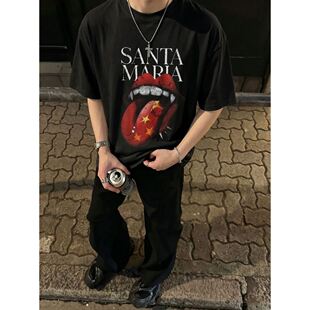260g索罗娜凉感夏季男装短袖T恤大舌头美式复古高街街头半袖体恤