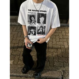260g索罗娜凉感夏季男装短袖T恤滚石乐队复古美式高街潮牌痞帅