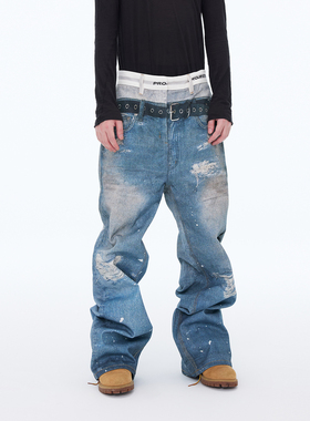 ASTT 25FW 3D打印牛仔纹立体视觉效果宽松假双腰头拖地阔腿长裤潮