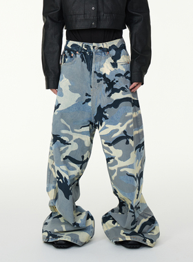 ASTT 25SS 满印迷彩水洗做旧A字版宽松大裤腿拖地Baggy牛仔长裤
