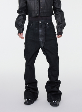 ASTT 25SS 手工刷胶涂层拼料修身微弹阔腿喇叭裤刷蜡牛仔裤