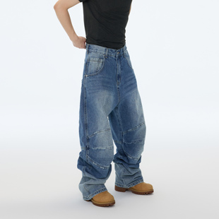 手工磨白破坏做旧口袋膝盖打褶廓形Baggy拖地牛仔长裤 ASTT 25AW