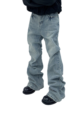 ASTTFlared巴黎风冰蓝色宽松磨破毛边做旧微喇叭牛仔长裤cleanfit