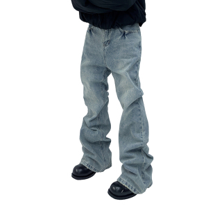 ASTTFlared巴黎风冰蓝色宽松磨破毛边做旧微喇叭牛仔长裤 cleanfit