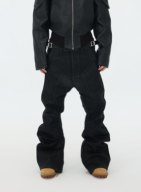 ASTT 25FW 刷蜡涂层重磅解构拼接机车修身阔腿喇叭裤机车蜡裤