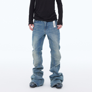 ASTT 25FW 手擦磨白做旧冰蓝色修身拖地喇叭牛仔裤堆积感长裤