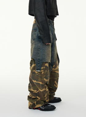 ASTT 25SS 小众双层拼接假两件迷彩做旧宽松直筒工装牛仔长裤潮