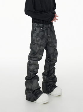 ASTT 24S/S 手工刷胶闪粉涂层修身堆积拖地牛仔喇叭裤潮