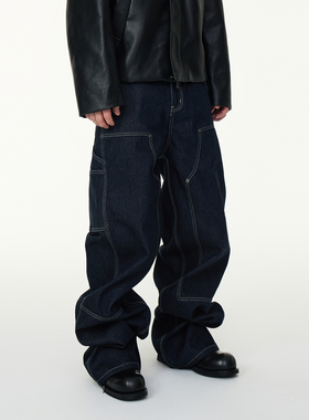 ASTT25SS三本针工艺原浆原牛双膝拼接硬挺伐木工装单宁宽松牛仔裤