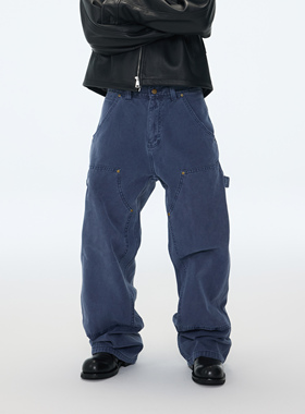 ASTT 25AW 水洗做旧宽松直筒棉制帆布双膝伐木裤工装长裤