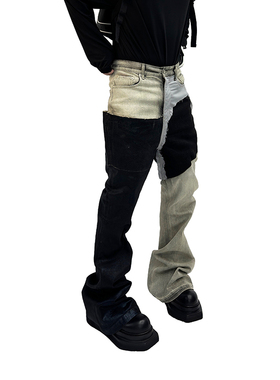 ASTT 23FW 小众设计刷蜡做旧拼接修身阔腿堆积喇叭牛仔长裤潮RO