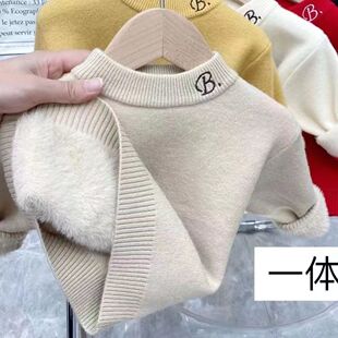 儿童毛衣加绒打底衫男童女童一体绒加厚半高领针织洋气长袖T恤