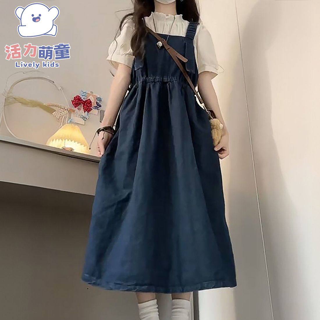 2025新款女童牛仔背带连衣裙短袖衬衫两件套学院风中长款裙子套装