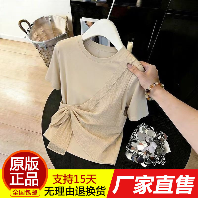 正品202年6设计感纱布拼接短袖T恤女夏季新款不规则别致独特时尚