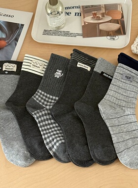 灰色布标条纹袜子女中筒袜ins潮秋冬韩系复古卷边刺绣网红长筒袜