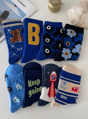 克莱因蓝色卡通袜子女中筒袜ins潮纯棉韩版街头学院风可爱甜美袜