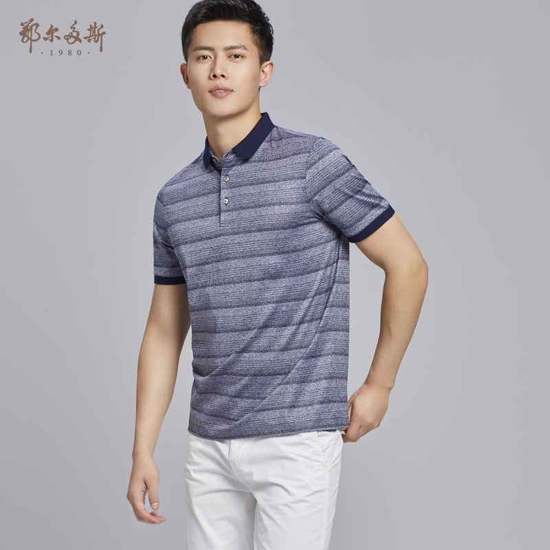 鄂尔多斯1980 18春夏新品罗纹翻领条纹短袖男T恤POLO衫 C185H1017