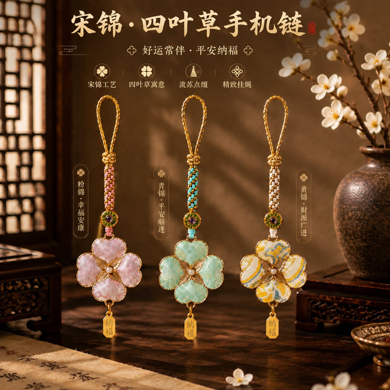 宋锦四叶草手机链新中式挂件手工编织钥匙扣包挂饰景区文创爆款
