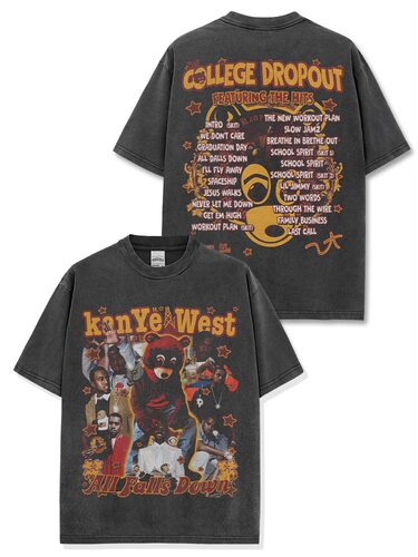 Kanye West双面印花美式复古水洗做旧潮牌重磅纯棉宽松短袖T恤男