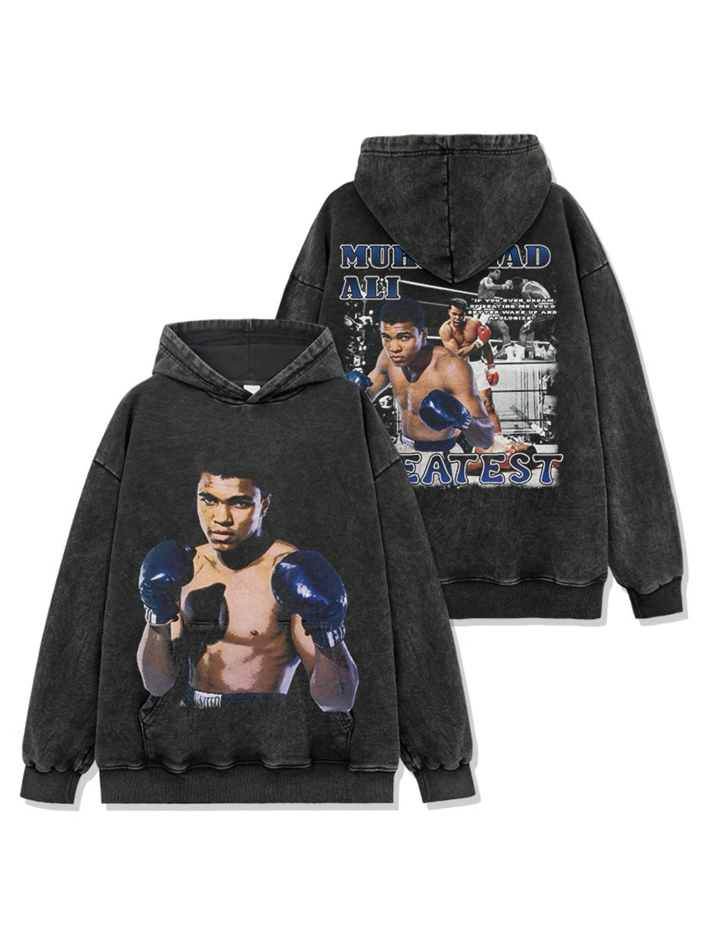 美式拳击阿里 Muhammad Ali印花水洗做旧重磅宽松连帽卫衣男潮流