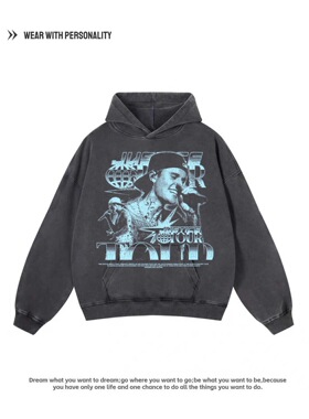 美式复古Justinbieber数码直喷印花连帽卫衣男女vintage宽松外套