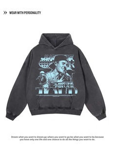 美式复古Justinbieber数码直喷印花连帽卫衣男女vintage宽松外套