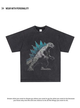 哥斯拉Godzilla恐龙 二次元动漫印花短袖T恤男女宽松重磅长袖上衣