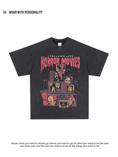 T恤男女宽松重磅 复古恐怖电影印花短袖 惊声尖叫小丑Scream 美式