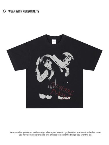 日在校园School Days印花短袖T恤男女动漫二次元小领口重磅宽松潮