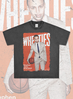 美式复古潮牌球星库里curry直喷印花短袖T恤男宽松纯棉小领口半袖