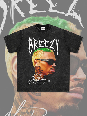 美式复古布朗Chris Brown印花短袖t恤男街头水洗做旧纯棉宽松半袖