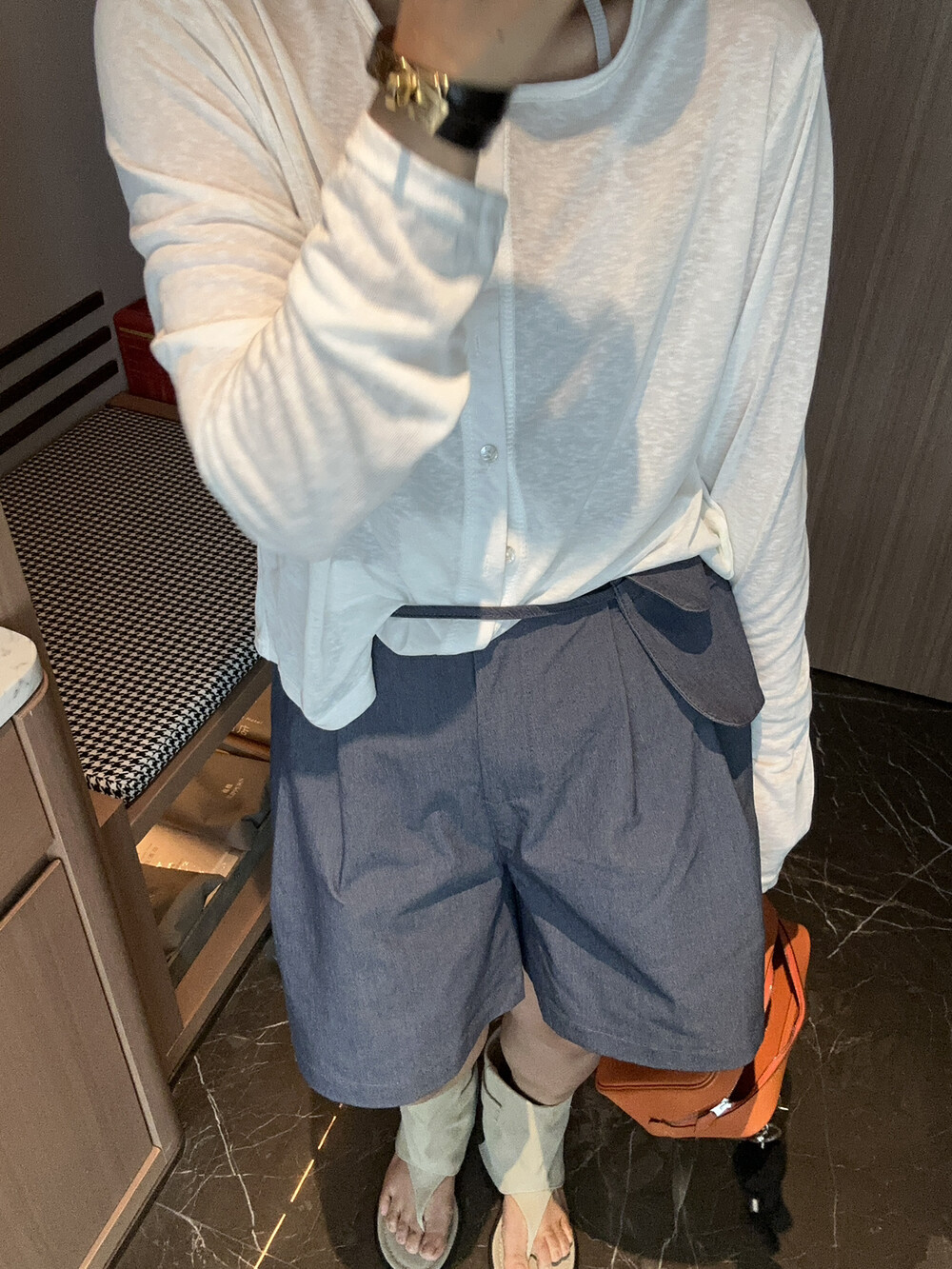 PIGHIP韩系简约百搭系带腰包麻料休闲短裤女