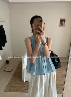夏上新!alive moment韩系清新甜美木耳边短款休闲背心 无袖衬衫