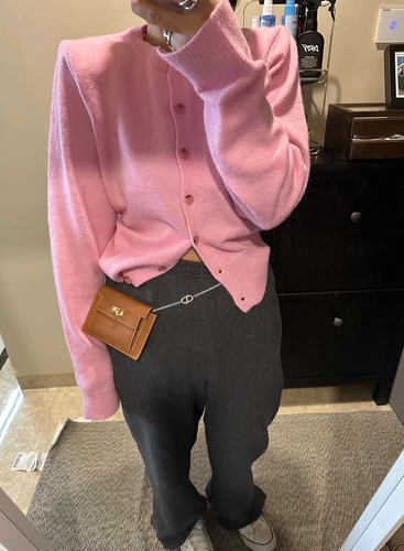 PIGHIP小众垫肩羊毛衫外套女2024早春软糯圆领针织开衫通勤风气质