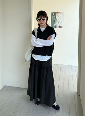 秋上新!sep sep韩系简约松紧腰格纹长款半身裙A字裙66607#